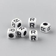 Opaque Acrylic Beads, Letter Style, Cube, Letter.R, 6x6x6mm, Hole: 3mm, about 3000pcs/500g(SACR-Q188-02R)