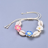 Adjustable Cowrie Shell Braided Bead Bracelets, with Korean Waxed Polyester Cord and Polymer Clay 3D Flower Plumeria Beads, Colorful, 14-1/8 inch(36cm)(BJEW-JB04274)