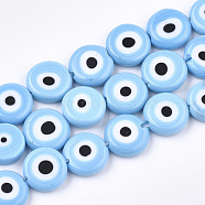 Handmade Evil Eye Lampwork Beads Strands, Flat Round, Light Sky Blue, 11~13x4~5mm, Hole: 1.2mm, about 31~33pcs/strand, 14.1 inch~15.3 inch(X-LAMP-S191-02D-09)