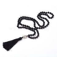Tassel Pendant Necklaces, with Natural Black Agate Beads, Buddha Head, 31.1 inch~33 inch(79~84cm)(NJEW-P191-A11)