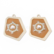 Epoxy Resin Pendants, with ABS Plastic Imitation Pearl, Crystal Rhinestone and Matte Gold Plated Alloy Open Back Bezel, Polygon, Sandy Brown, 38x30.5x4.5mm, Hole: 2mm(RESI-S380-02D)