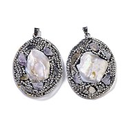 Natural Shell Polymer Clay Rhinestone Pendants, Resin Amethyst Teardrop Charms with Platinum Plated Brass Snap on Bails, Black, 53.5~55x40~40.5x8~8.5mm, Hole: 6.5x5mm(KK-F868-20P-02)
