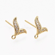 Brass Micro Pave Clear Cubic Zirconia Stud Earring Findings, with Silicone Ear Nuts, with Loop, Long-Lasting Plated, Fishtail, Real 18K Gold Plated, 10x10.5mm, Hole: 1mm, Pin: 0.8mm(ZIRC-L098-038G)