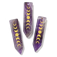 Natural Amethyst Moon Phase Pendants, Arrow Charms, 49.5x12.5x6mm, Hole: 1.6mm(G-C145-01G)