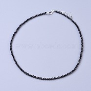 Natural Black Spinel Beaded Necklaces, with Brass Lobster Claw Clasps, Faceted Round Beads, 16.5 inch~16.7 inch(42~42.5cm)x3~3.5mm(NJEW-K114-B-A20)