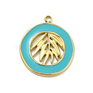 304 Stainless Steel Enamel Pendants, Golden, Flat Round with Leaf Charm, Sky Blue, 18x16x1mm, Hole: 1.6mm(STAS-K246-01C)