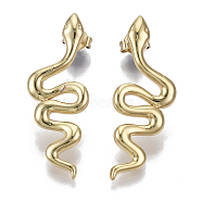 Brass Dangle Stud Earrings, with Ear Nuts, Nickel Free, Snake, Real 18K Gold Plated, 31.5x12mm, Pin: 0.8mm(EJEW-T046-007G-NF)