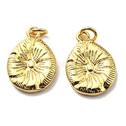Rack Plating Brass Pendants, with Jump Ring, Lead Free & Cadmium Free, Long-Lasting Plated, Teardrop with Flower Charm, Real 18K Gold Plated, 15.5x11x2mm, Hole: 2.6mm(KK-D026-06G)