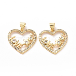 Brass Cubic Zirconia Pendants, Heart with Star & Word LOVE Charm, Golden, 20x21x2.5mm, Hole: 3x5mm(ZIRC-I062-36G)