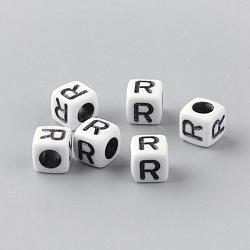 Opaque Acrylic Beads, Letter Style, Cube, Letter.R, 6x6x6mm, Hole: 3mm, about 3000pcs/500g(SACR-Q188-02R)