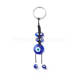 Flat Round Evil Eye Pendant Keychain, with Braided Nylon Thread, for Women Men Car Bag Key Pendant , Blue, 13cm(KEYC-JKC00409)