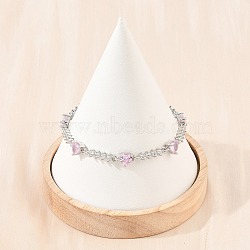 Brass Pave Cubic Zirconia Heart Link Chain Bracelets for Women, Rack Plating, Long-Lasting Plated, Cadmium Free & Lead Free, Platinum, Pink, 7.28 inch(18.5cm)(KK-CBA68DA-10P-02)