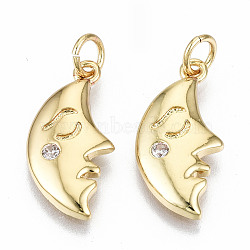 Brass Micro Pave Clear Cubic Zirconia Pendants, with Jump Rings, Nickel Free, Moon Shape Face, Real 16K Gold Plated, 19.5x9.5x2mm, Jump Ring: 5x0.8mm, 3.4mm inner diameter(ZIRC-S067-181-NF)