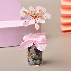 Natural Rose Quartz Chips Tree of Life Decorations, Glass Wish Bottle with Copper Wire Feng Shui Energy Stone Gift for Women Men Meditation, 70~80mm(DJEW-PW0013-19D)