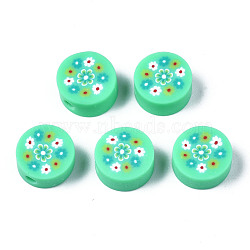 Handmade Polymer Clay Beads, for DIY Jewelry Crafts Supplies, Flat Round with Flower, Aquamarine, 9.5~10x4.5mm, Hole: 1.8mm(CLAY-N008-039D)