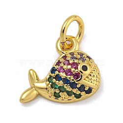 Rack Plating Brass Micro Pave Cubic Zirconia Charms, Long-Lasting Plated, Cadmium Free & Lead Free, Real 18K Gold Plated, Dolphin, 10x12x3.5mm, Hole: 3.5mm(KK-I718-03G-D)