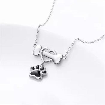 Paw Print & Bone & Heart Alloy Black Enamel Pendant Necklaces for Women, Platinum, 17.32 inch(44cm)