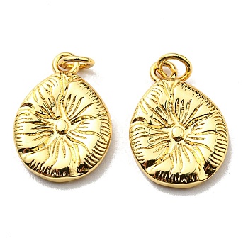 Rack Plating Brass Pendants, with Jump Ring, Lead Free & Cadmium Free, Long-Lasting Plated, Teardrop with Flower Charm, Real 18K Gold Plated, 15.5x11x2mm, Hole: 2.6mm