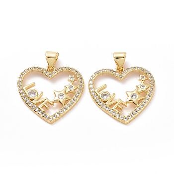 Brass Cubic Zirconia Pendants, Heart with Star & Word LOVE Charm, Golden, 20x21x2.5mm, Hole: 3x5mm