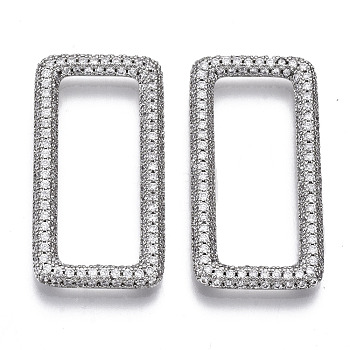 Brass Micro Pave Cubic Zirconia Linking Rings, Rectangle, Nickel Free, Clear, Real Platinum Plated, 34x17.5x3mm, Inner Diameter: 10.5x27.5mm