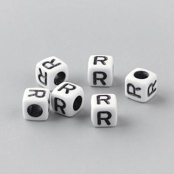 Opaque Acrylic Beads, Letter Style, Cube, Letter.R, 6x6x6mm, Hole: 3mm, about 3000pcs/500g