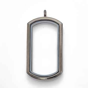 Alloy Magnetic Locket Big Pendants, with Glass, Rectangle, Gunmetal, 57x29x7mm, Hole: 3.5mm, Inner Measure: 43x20mm