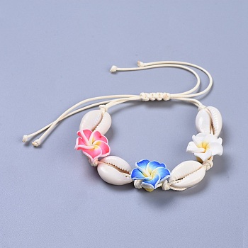 Adjustable Cowrie Shell Braided Bead Bracelets, with Eco-Friendly Korean Waxed Polyester Cord and Polymer Clay 3D Flower Plumeria Beads, Colorful, 14-1/8 inch(36cm)