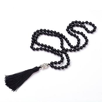 Tassel Pendant Necklaces, with Natural Black Agate Beads, Buddha Head, 31.1 inch~33 inch(79~84cm)