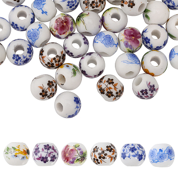 210Pcs 6 Style Handmade Porcelain Beads, Rondelle with Flower Pattern, Mixed Color, 8~8.5x7~7.5mm, Hole: 3~3.5mm, 35pcs/style