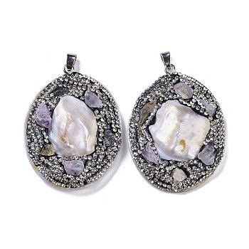 Natural Shell Polymer Clay Rhinestone Pendants, Resin Amethyst Teardrop Charms with Platinum Plated Brass Snap on Bails, Black, 53.5~55x40~40.5x8~8.5mm, Hole: 6.5x5mm