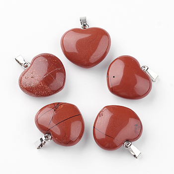 Natural Red Jasper Pendants, with Platinum Tone Alloy Findings, Heart, 21~22x23x10mm, Hole: 2.5x5.5mm
