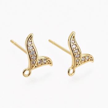 Brass Micro Pave Clear Cubic Zirconia Stud Earring Findings, with Silicone Ear Nuts, with Loop, Long-Lasting Plated, Fishtail, Real 18K Gold Plated, 10x10.5mm, Hole: 1mm, Pin: 0.8mm