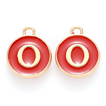 Golden Plated Alloy Enamel Charms, Cadmium Free & Lead Free, Enamelled Sequins, Flat Round, Red, Letter.O, 14x12x2mm, Hole: 1.5mm