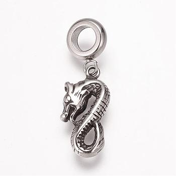 304 Stainless Steel European Dangle Charms, Large Hole Pendants, Antique Silver, Chinese Zodiac, Dragon, 30mm, Hole: 5mm, Pendant: 20x10x4mm