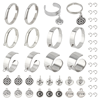 DIY Charm Ring Making Kit, Including 304 Stainless Steel Loop Ring Bases, Alloy Pendants, Tree of Life & Moon & Flower, Antique Silver & Stainless Steel Color, 70Pcs/box