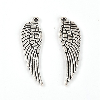 Tibetan Style Alloy Pendants, Wing, Nickel Free & Lead Free & Cadmium Free, Antique Silver, 30x9x1.5mm, Hole: 1.2mm