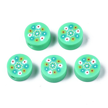 Handmade Polymer Clay Beads, for DIY Jewelry Crafts Supplies, Flat Round with Flower, Aquamarine, 9.5~10x4.5mm, Hole: 1.8mm