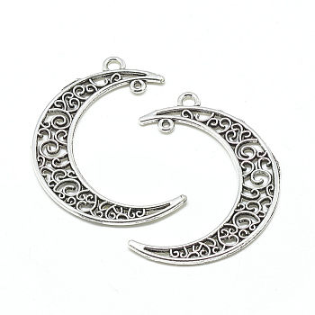 Tibetan Style Alloy  2-Loop Link Pendants, Crescent Moon, Cadmium Free & Lead Free, Antique Silver, 41x30x1.5mm, Hole: 2mm & 1mm, about 380pcs/1000g