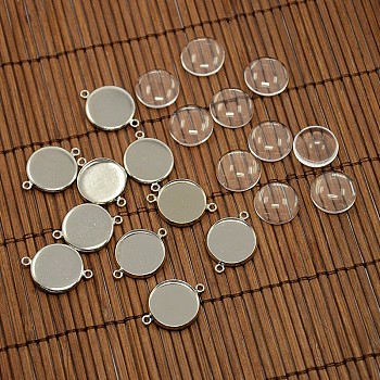 14mm Dome Clear Glass Cover and Platinum Brass Cabochon Connector Setting Sets, Cadmium Free & Lead Free & Nickel Free, Setting: 21.5x16x2.5mm, Tray: 14mm, Hole: 1.5mm