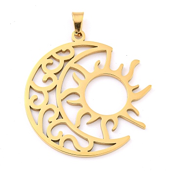 304 Stainless Steel Pendants, Laser Cut, Moon with Sun Charm, Real 18K Gold Plated, 35x33x1.5mm, Hole: 6x3mm