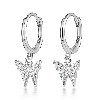 925 Sterling Silver Butterfly Hoop Earrings, with Clear Cubic Zirconia, Cute and Delicate, Platinum, 20x8mm