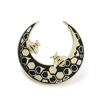 Bees Crescent Moon Alloy Enamel Pin Brooch, for Backpack Clothes, Black, 40x39x2mm