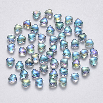 Transparent Spray Painted Glass Beads, AB Color Plated, Heart, Light Sea Green, 6x6x4mm, Hole: 0.7mm