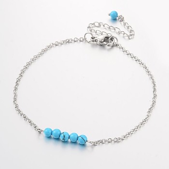 Round Synthetic Turquoise Beads Anklets, with Stainless Steel Chains and  Lobster Clasps, 220x2mm