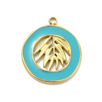 304 Stainless Steel Enamel Pendants, Golden, Flat Round with Leaf Charm, Sky Blue, 18x16x1mm, Hole: 1.6mm