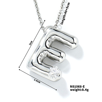 Brass Pave Clear Cubic Zirconia Shiny Balloon Letter Pendant Necklaces, Hip-hop Rock Necklaces, Platinum, Letter E, 15.75 inch(40cm)