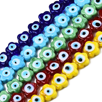 Handmade Evil Eye Lampwork Beads Strands, Flower, Mixed Color, 11x12x6mm, Hole: 1.6mm, about 33pcs/strand, 14.57 inch(37cm)