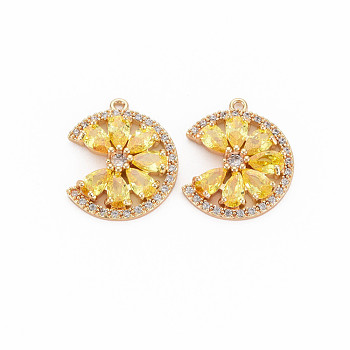 Brass Micro Pave Cubic Zirconia Charms, with Glass, Nickel Free, Real 18K Gold Plated, Flower, Gold, 18x15x3mm, Hole: 1mm