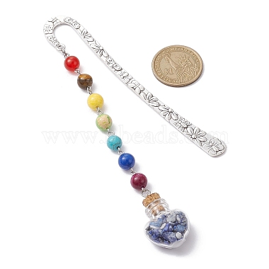 7 marcapáginas con cuentas de piedras preciosas de chakra y colgante de botella de los deseos con forma de corazón de cristal de lapislázuli natural(AJEW-JK00313-07)-3