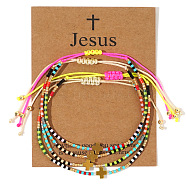 Summer Glass Seed Beaded Braided Bracelet Sets, Golden Plated Cross Synthetic Non-magnetic Hematite Charm Stackable Bracelets for Women Men(KX9987-4)